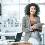 woman, laptop, tablet, smile, indoor