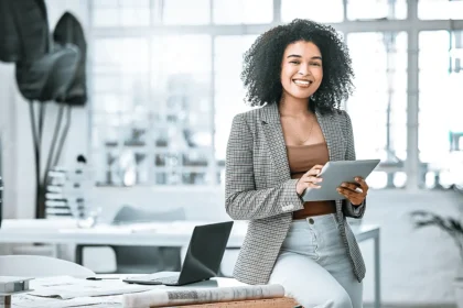 woman, laptop, tablet, smile, indoor